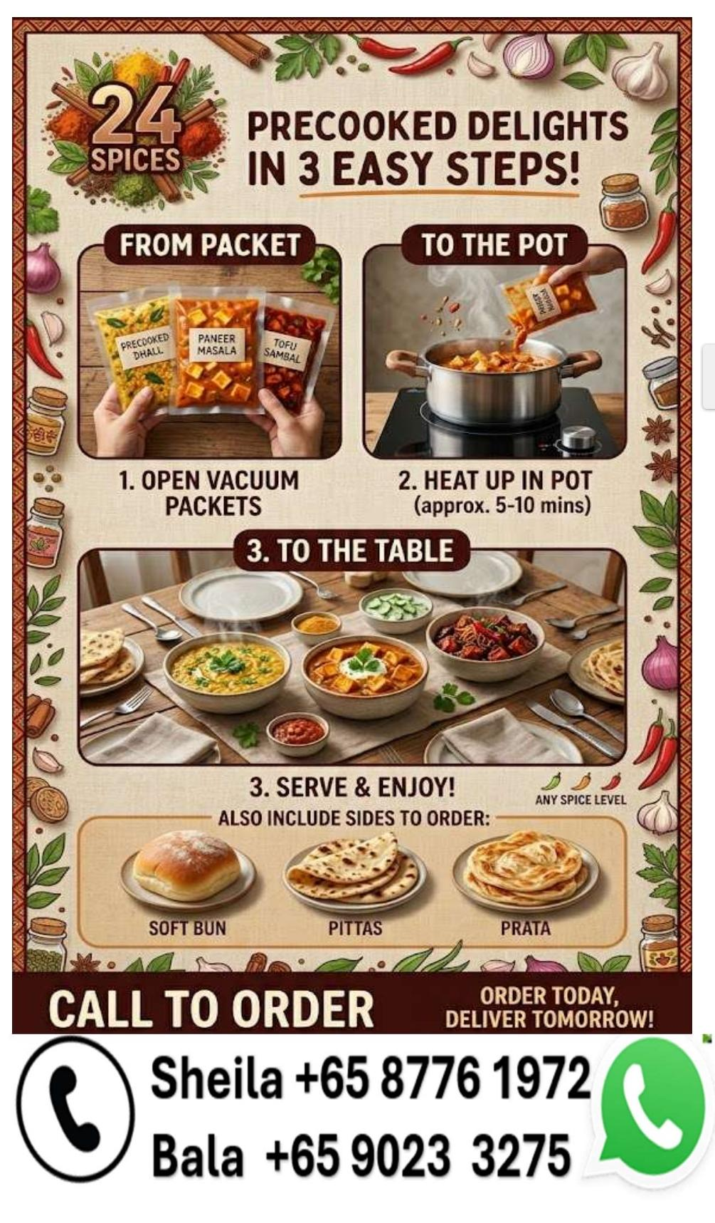 Precooked Delights in 3 easy steps — vacuum packs, just heat and serve