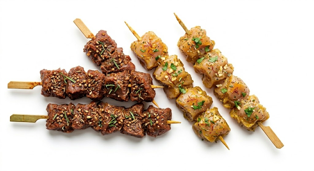 Marinated kebab skewers, ready for the grill